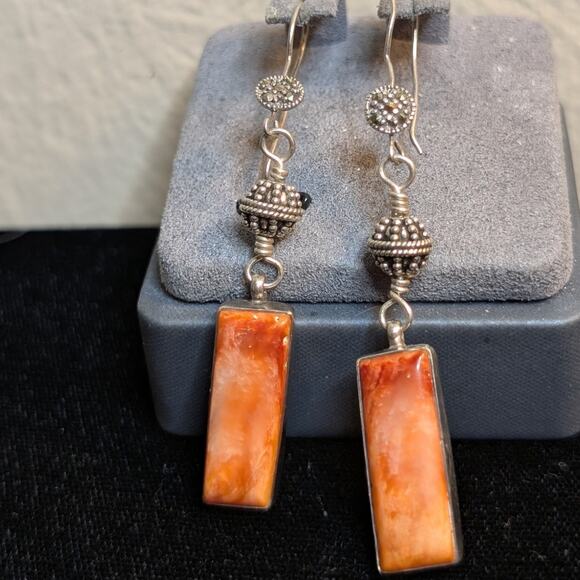 VTG Signed Navajo Juan Willie Sterling Silver Spiny Oyster Dangling Earrings - Picture 1 of 8